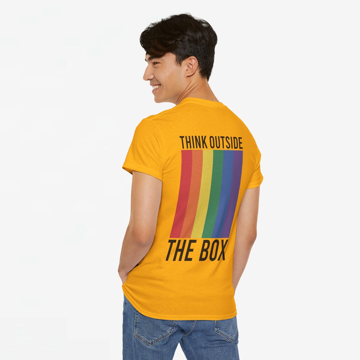 Gay Pride T-shirt - Think Outside The Box (zwarte tekst) - Back Print - Oversized #29