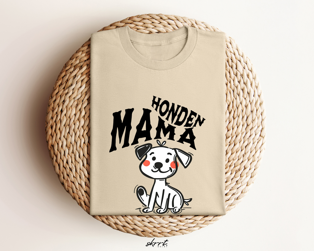 Oversized zandkleurige T-shirt met 'Honden mama' hondenprint op de borst