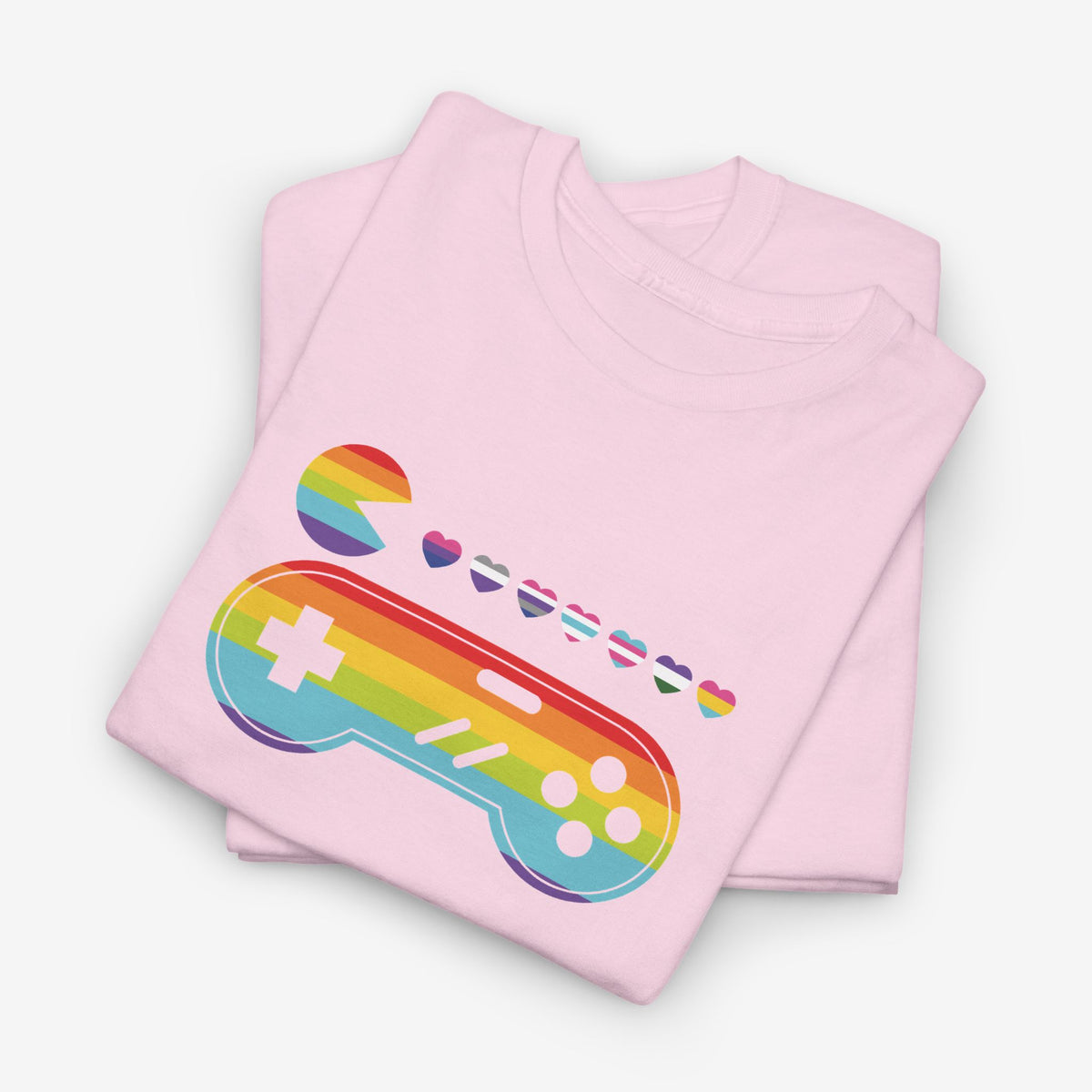 Lichtroze t-shirt met regenboog gamecontroller en boog-icoon opdruk