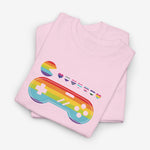 Lichtroze t-shirt met regenboog gamecontroller en boog-icoon opdruk
