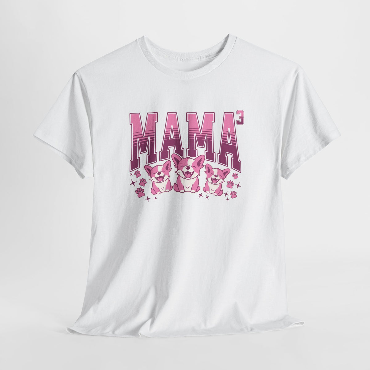 Witte T-shirt met roze 'MAMA3' borstprint en kattenfiguren onderaan