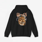 Zwarte hoodie met capuchon en grote achter/voorprint van leeuwenkop met kroon