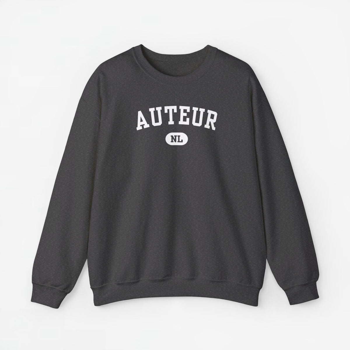 Donkergrijze sweater met ronde hals en borstprint 'AUTEUR' NL.