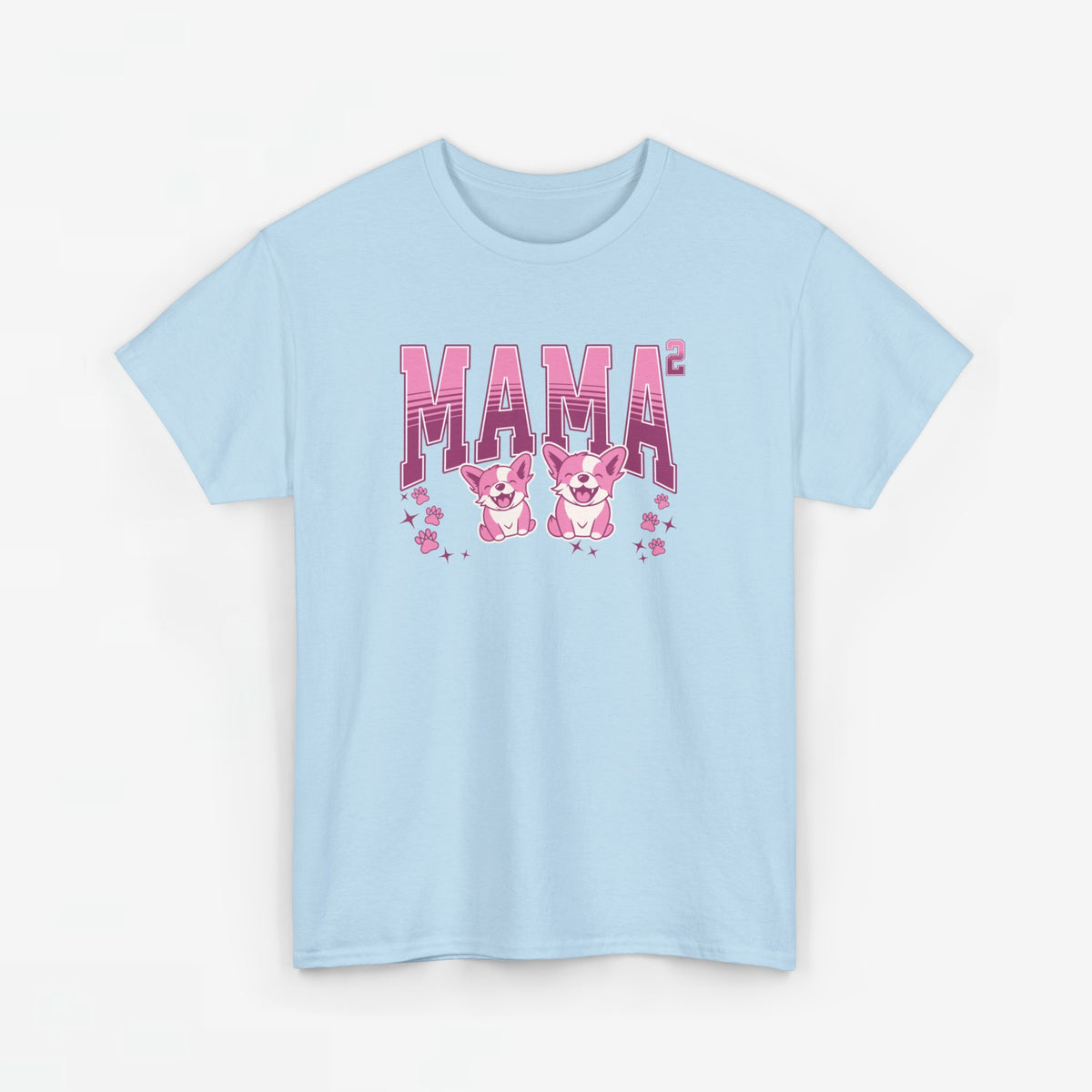 Lichtblauw T-shirt met ronde hals en opdruk MAMA² met hondjes in roze.