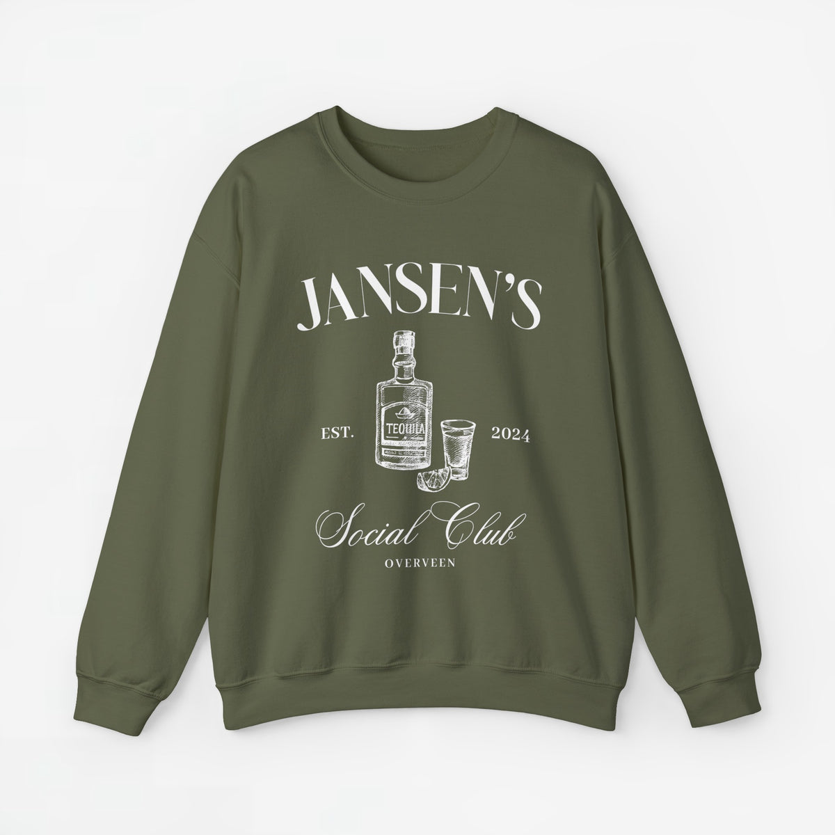Olijfgroene sweater met ronde hals en lange mouwen, borstprint met JANSEN’S en Social Club