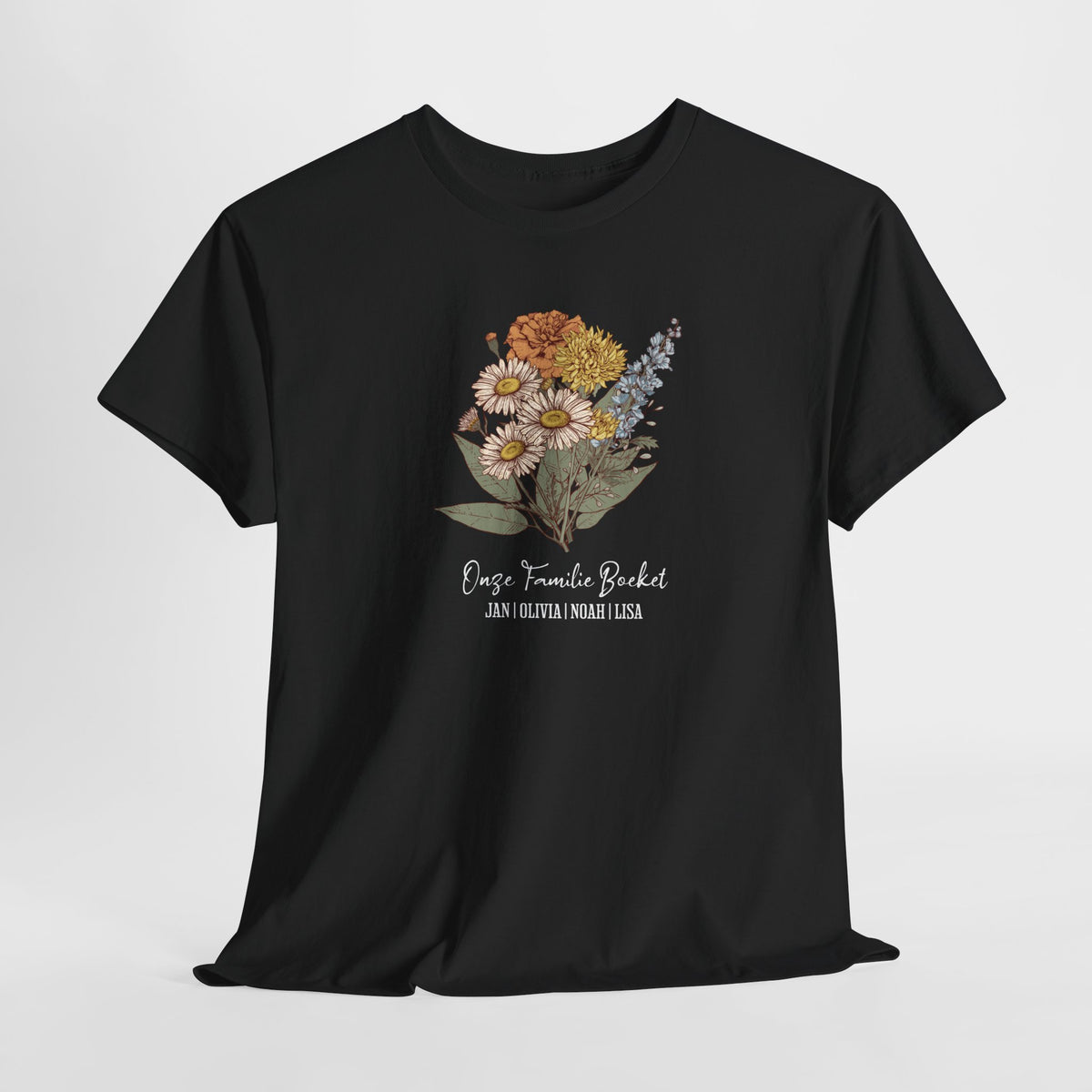 Zwart t-shirt met bloemenboeketprint en sierlijke tekst op de borst