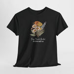 Zwart t-shirt met bloemenboeketprint en sierlijke tekst op de borst