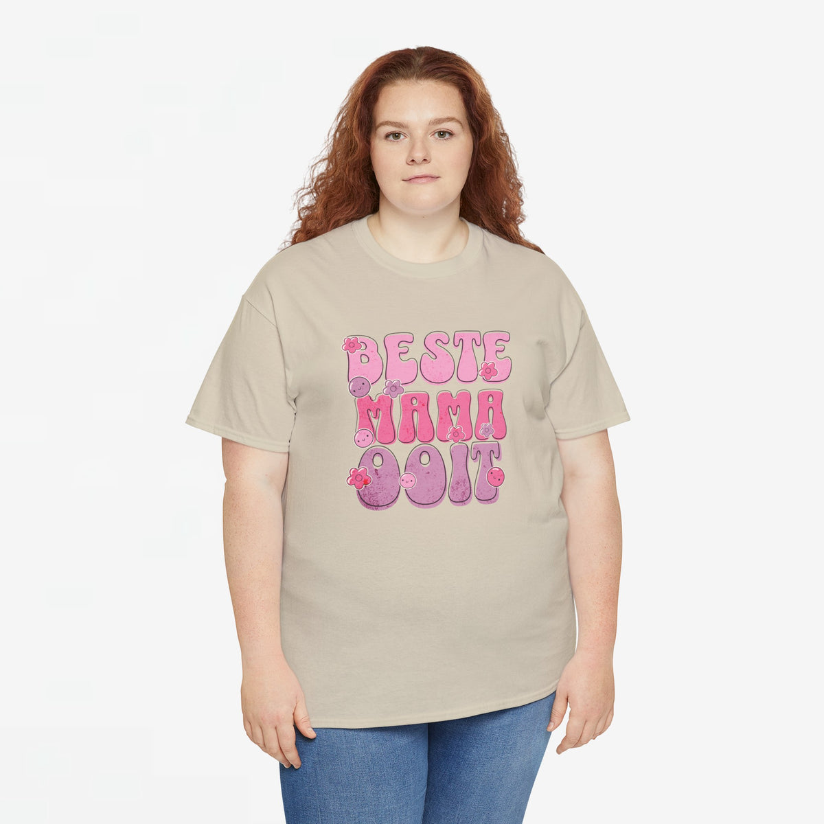 Beige oversized t-shirt met roze “Beste Mama Ooit” tekstprint op de borst