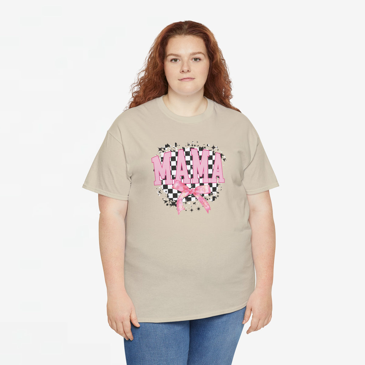 Sandkleurig oversized T-shirt met “MAMA”-print en roze strik op de borst