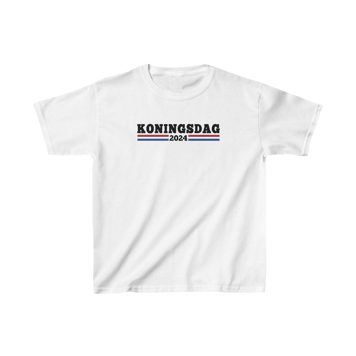 Wit kinder T-shirt met voorprint "KONINGSDAG 2024" en ronde hals