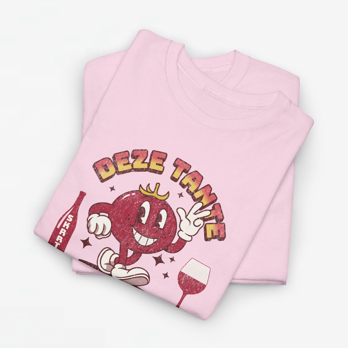 Lichtroze oversized T-shirt met rode cartoonprint en wijnglas, opdruk met tekst