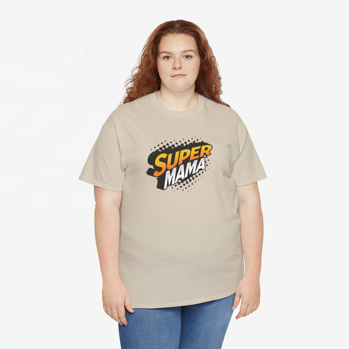 Sandkleurig T-shirt met Super Mama bedrukking en ronde hals