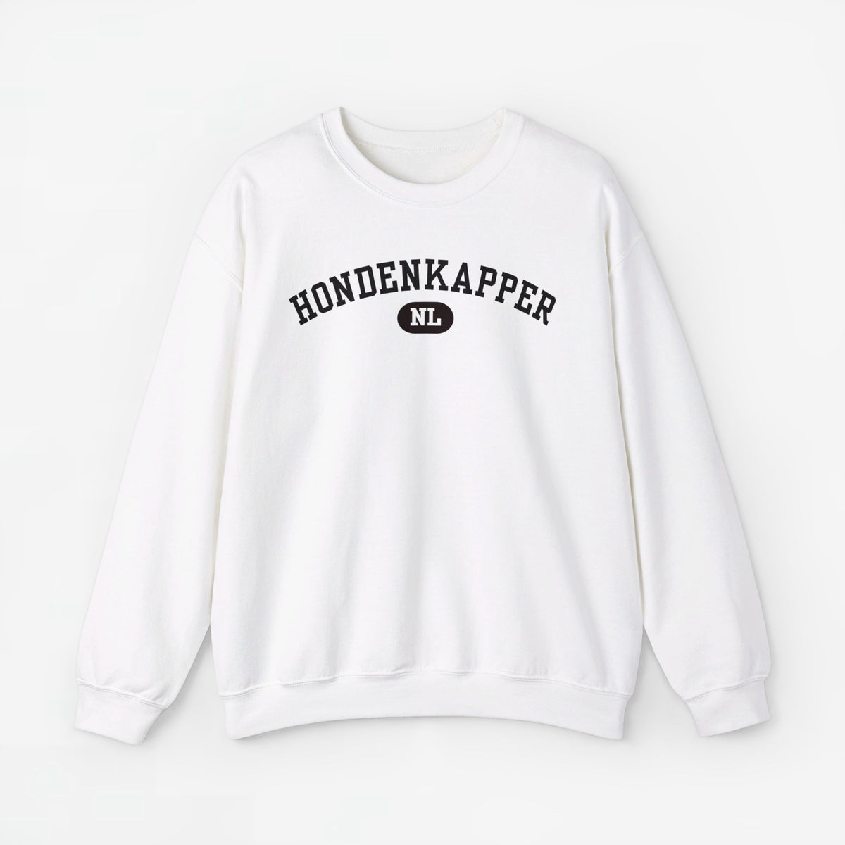 Witte sweater met ronde hals en opdruk 'HONDENKAPPER NL' op borst