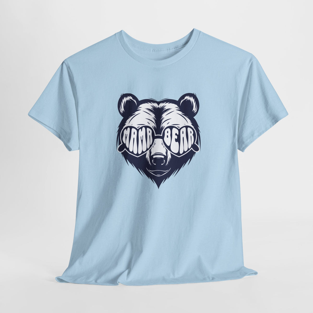 Lichtblauwe T-shirt met ronde hals en zwart 'MAMA-BEAR' beermotief op de borst