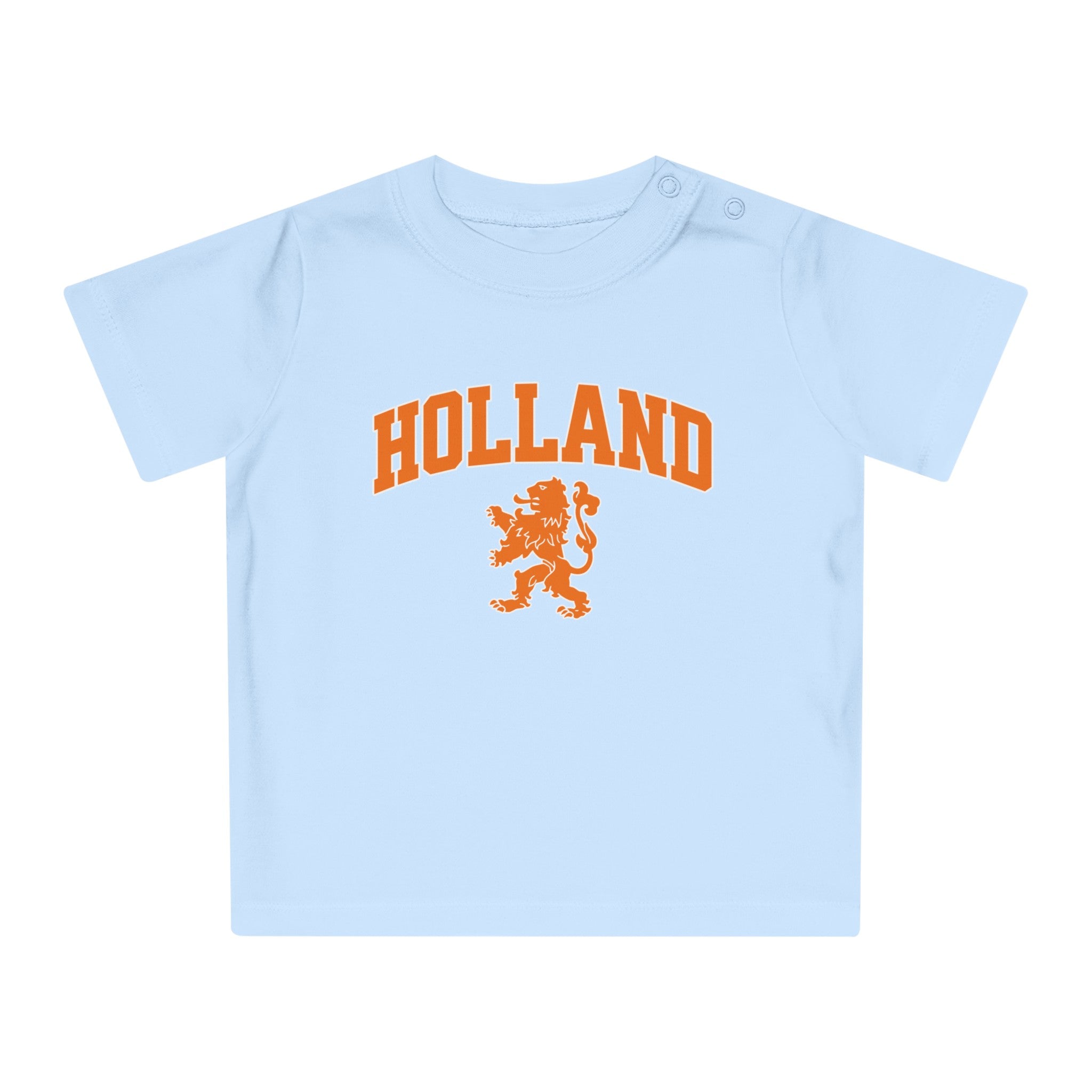 Baby T-shirt voor EK, WK en Koningsdag - Personaliseer met Naam & Rugnummer - HOLLAND met Leeuw