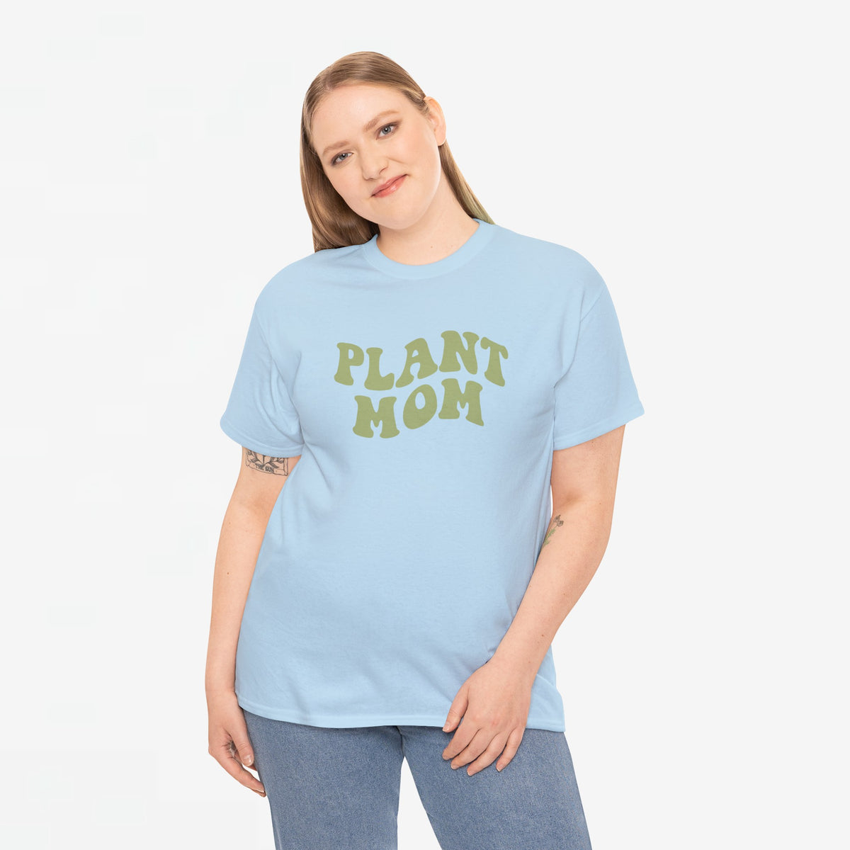 Lichtblauwe oversized T-shirt met groene 'PLANT MOM'-print voorop