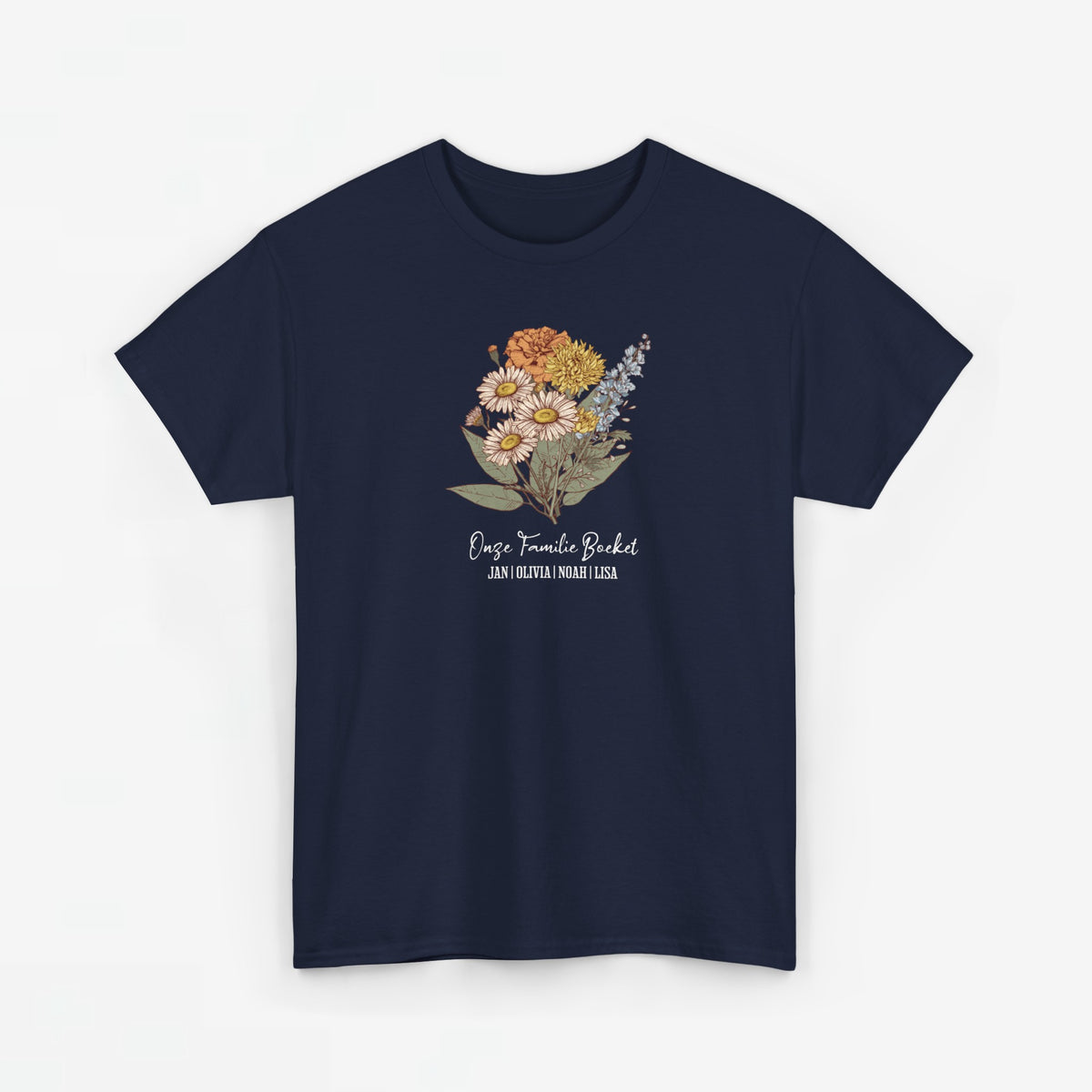 Donkerblauw T-shirt met bloemenboeketprint en sierlijke naamtekst op de borst