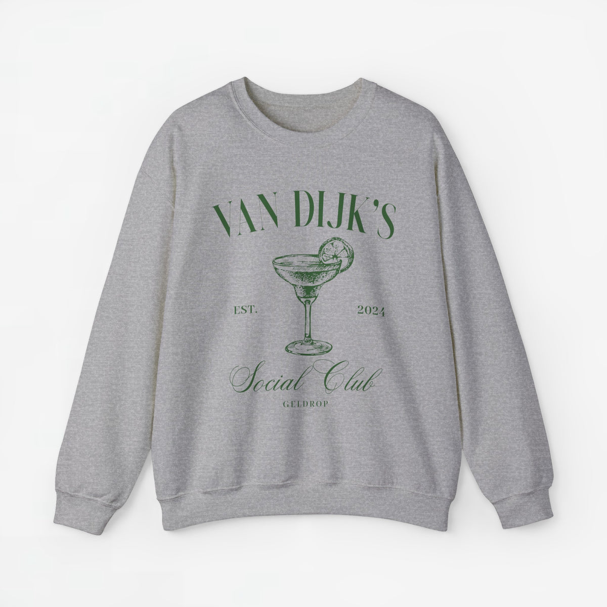Lichtgrijze sweatshirt met ronde hals en opdruk van cocktailglas met tekst