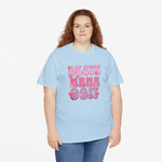 Oversized lichtblauw t-shirt met roze tekstprint “Beste Mama Ooit” op de borst