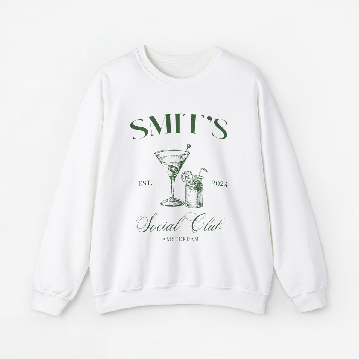 Witte sweater met SMIT'S Social Club cocktailprint, ronde hals en lange mouwen