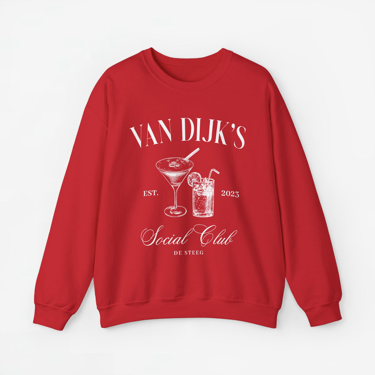 Rode sweatshirt met opdruk “Van Dijk's”, cocktailglazen, jaartal 2023