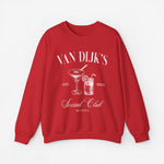 Rode sweatshirt met opdruk “Van Dijk's”, cocktailglazen, jaartal 2023