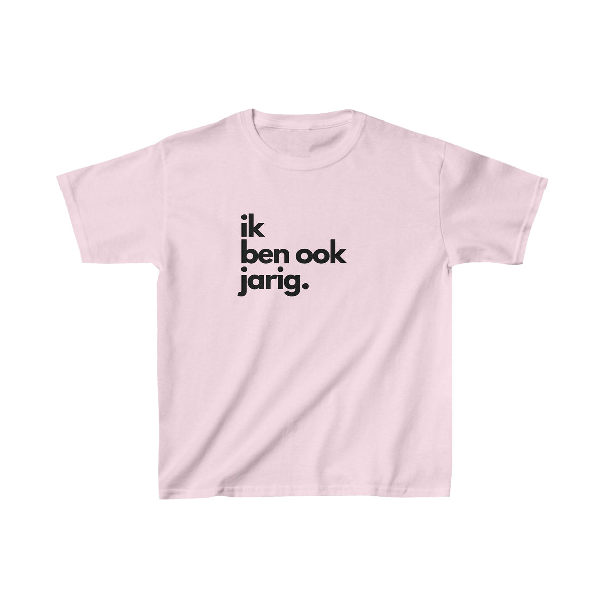 Roze kinder T-shirt met voorprint 'ik ben ook jarig.'