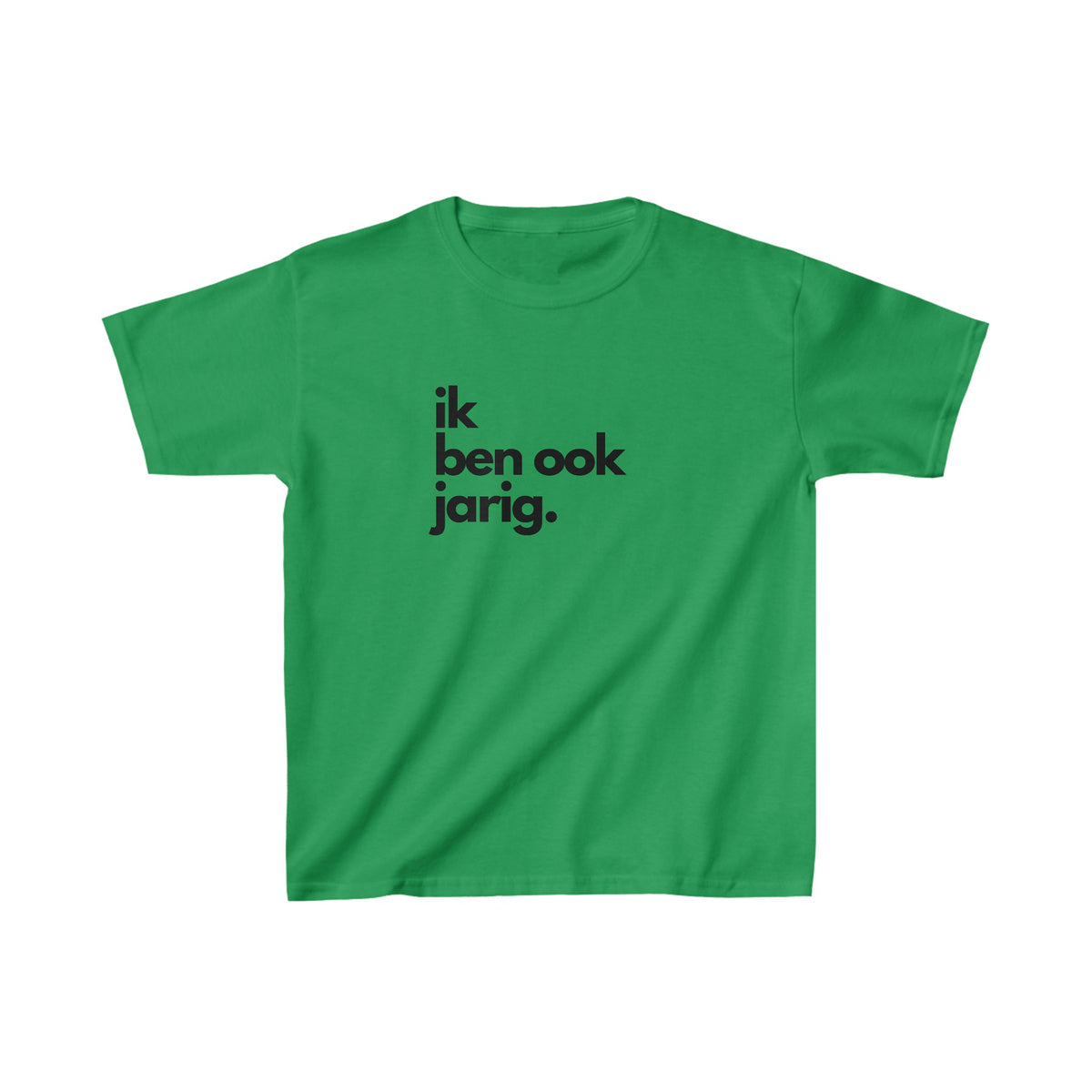 Groen kinder T-shirt met voorprint 'ik ben ook jarig.'