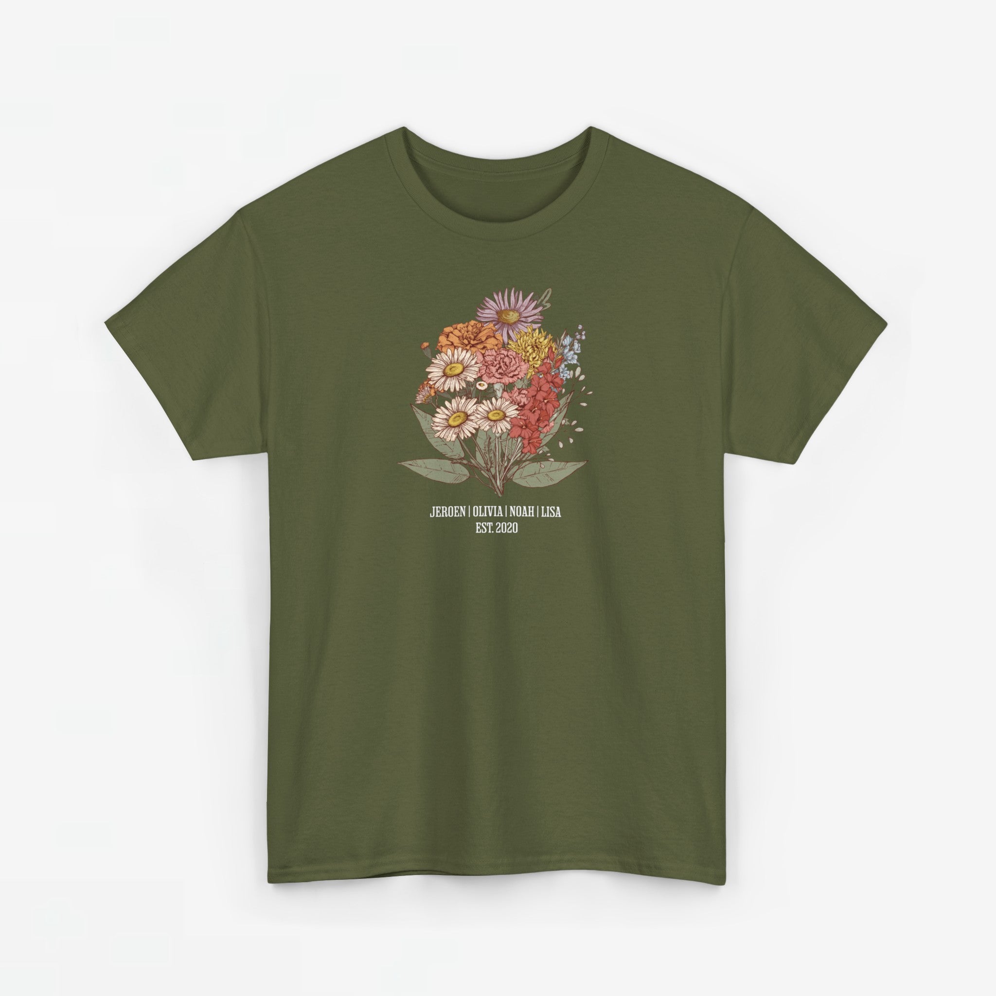 Gepersonaliseerde Moederdag Mama Cadeau - T-shirt - Familie Bloemen boeket met namen - EST [JAAR] (witte tekst)
