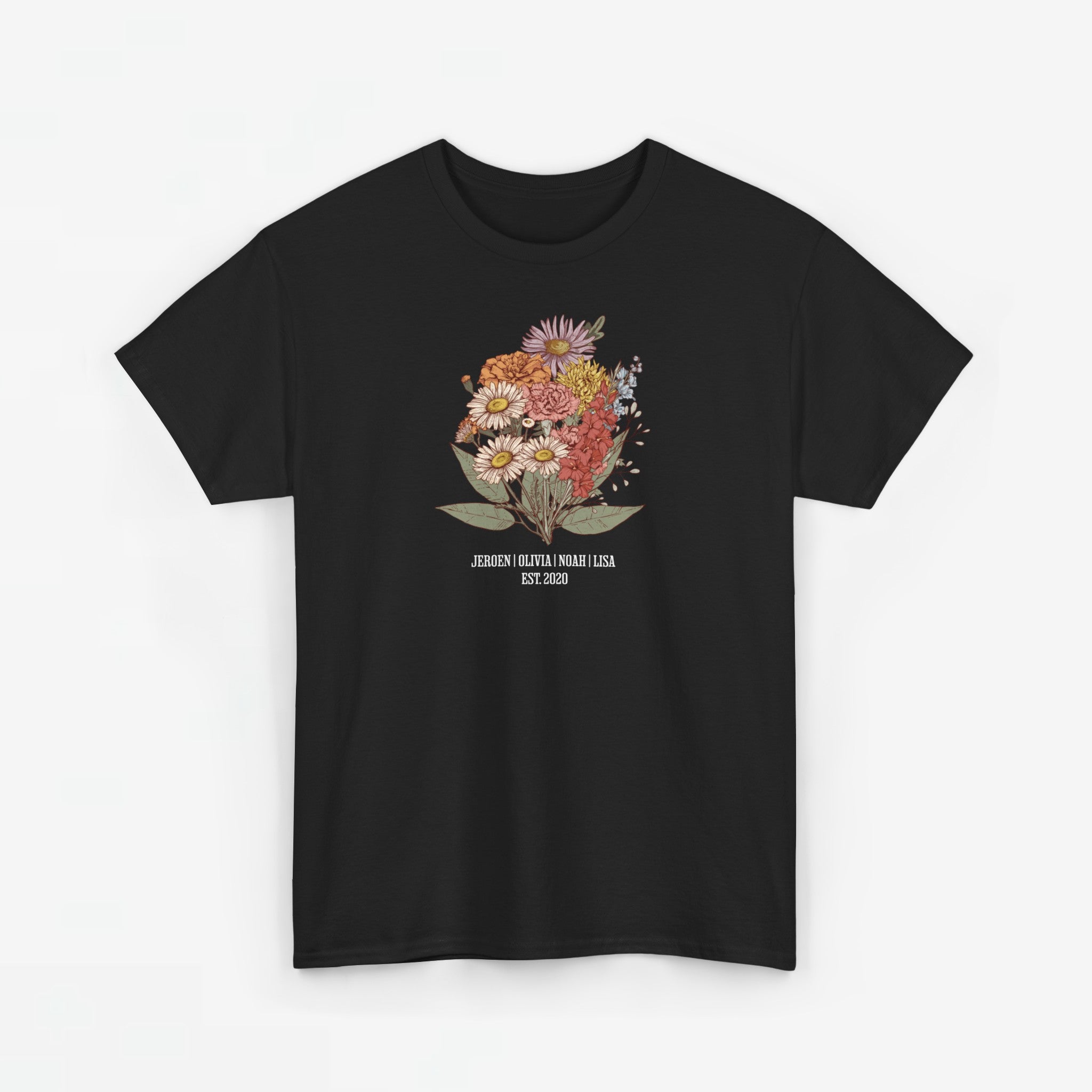Gepersonaliseerde Moederdag Mama Cadeau - T-shirt - Familie Bloemen boeket met namen - EST [JAAR] (witte tekst)