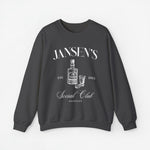 Donkergrijze sweater met ronde hals en lange mouwen, borstprint met JANSEN’S en Social Club