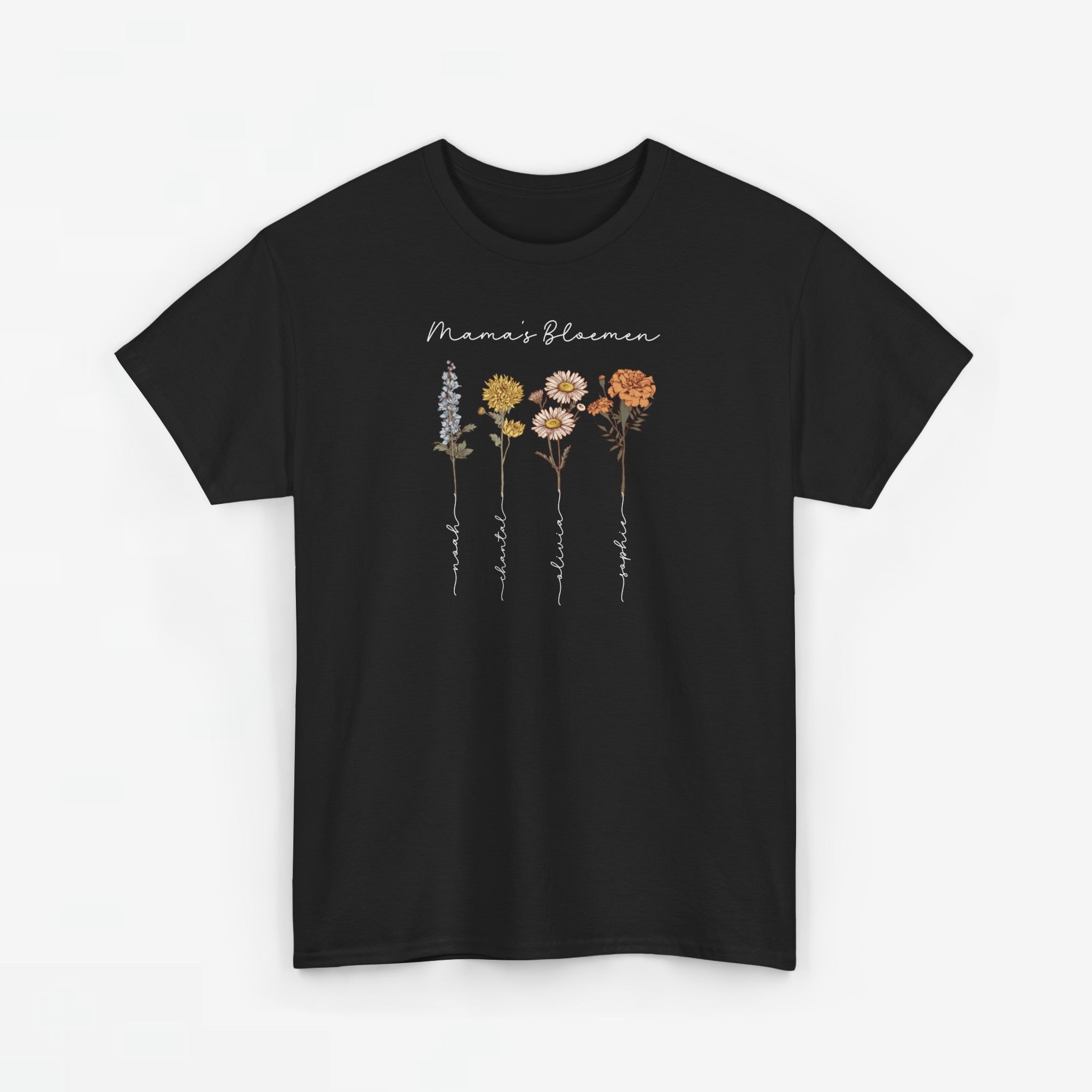 Gepersonaliseerde Moederdag Mama Cadeau - T-shirt - Mama's Bloemen met namen en geboortemaand bloemen (witte tekst)