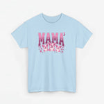 Lichtblauw T-shirt met ronde hals en roze 'MAMA³' print met drie figuurtjes