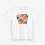 Wit oversized T-shirt met ronde hals en kleurrijke “MAMA MOMMY MOM BRUH” print.