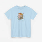 Lichtblauw T-shirt met bloemenboeketprint en tekst op de borst