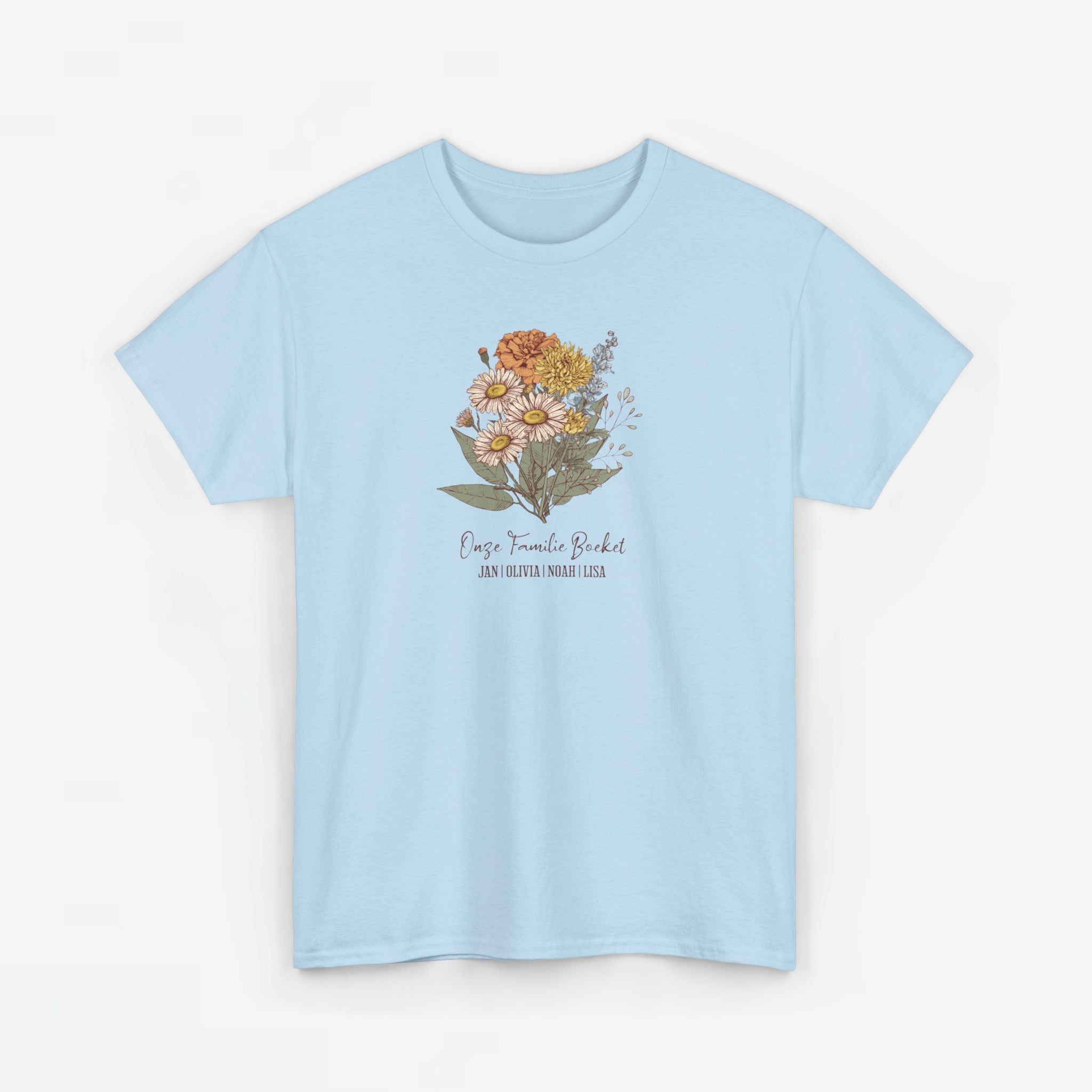 Gepersonaliseerde Moederdag Mama Cadeau - T-shirt - Ons familieboeket met namen en geboortemaand bloemen