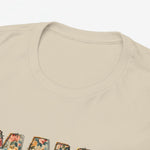 Beige T-shirt halsboord en schoudernaad, met bloemenprint op de onderrand