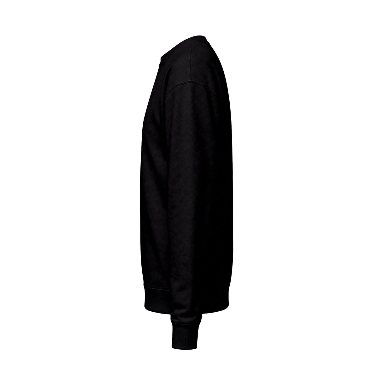 Zwarte varsity sweater, zijaanzicht met lange mouwen en geribde zoom