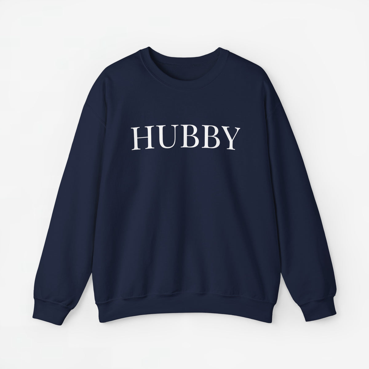 Donkere blauwe sweater met lange mouwen en opdruk 'HUBBY'.