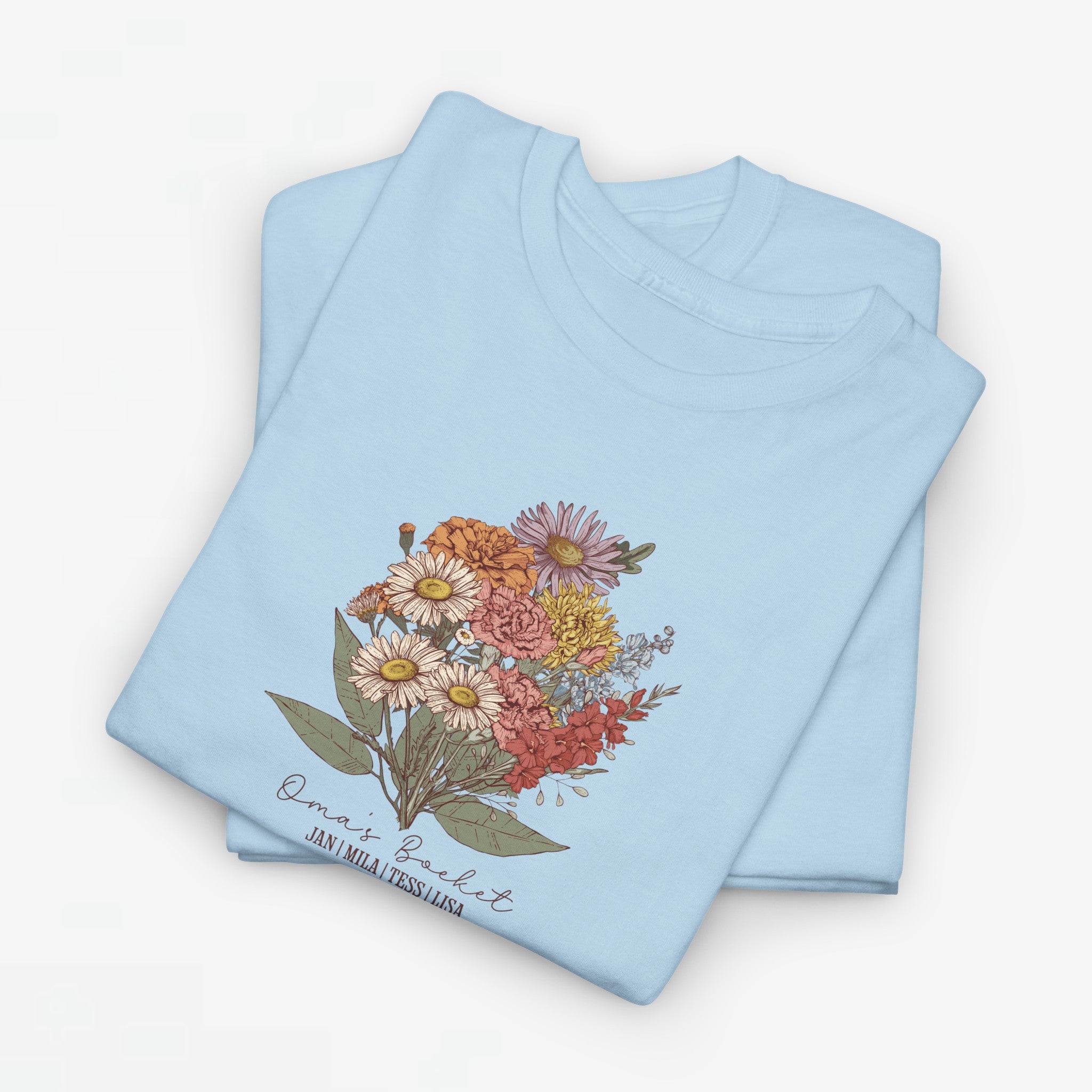 Gepersonaliseerde Moederdag Mama Cadeau - T-shirt - Oma's boeket met namen en geboortemaand bloemen