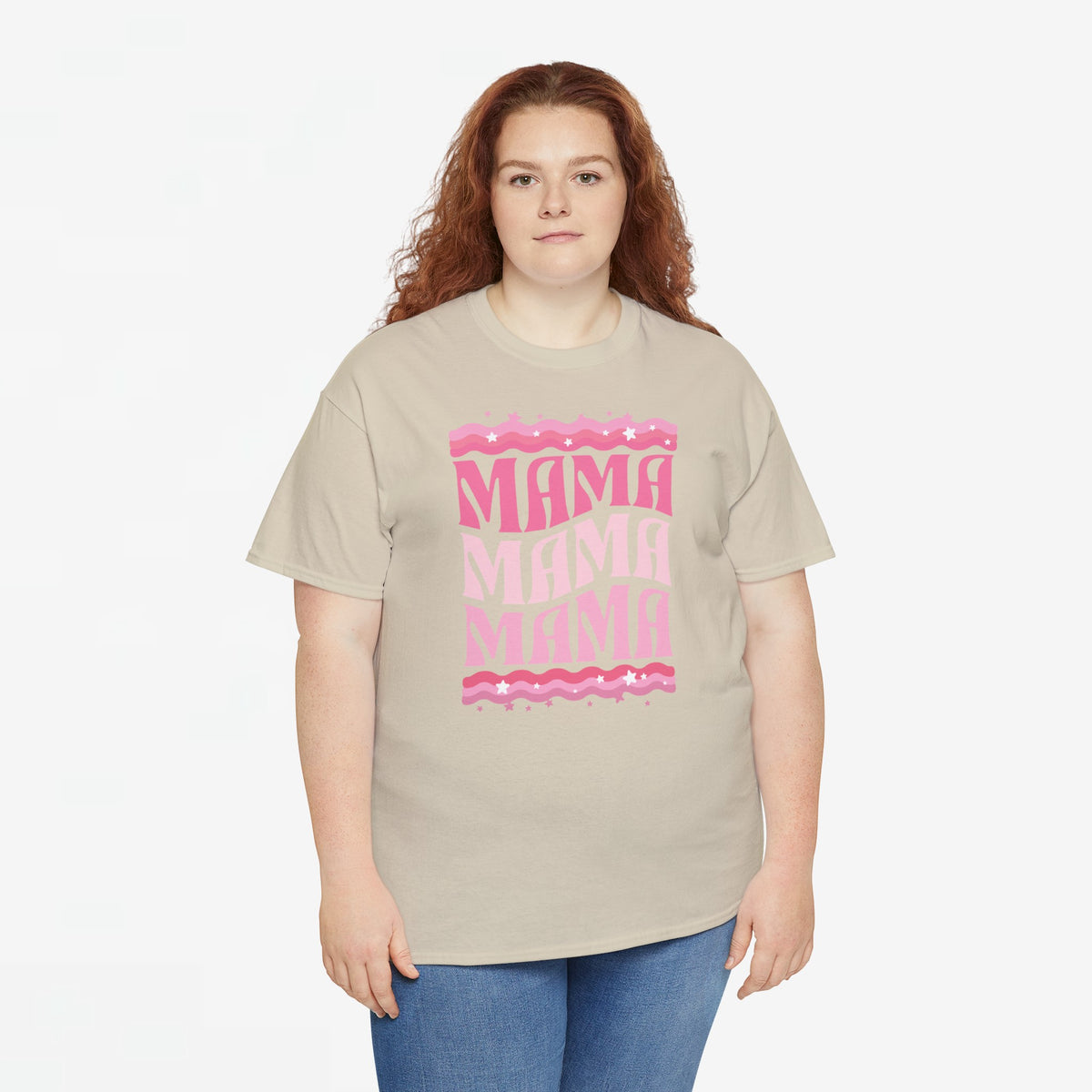 Beige oversized t-shirt met roze MAMA-print en ronde hals