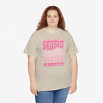 Beige oversized t-shirt met roze MAMA-print en ronde hals