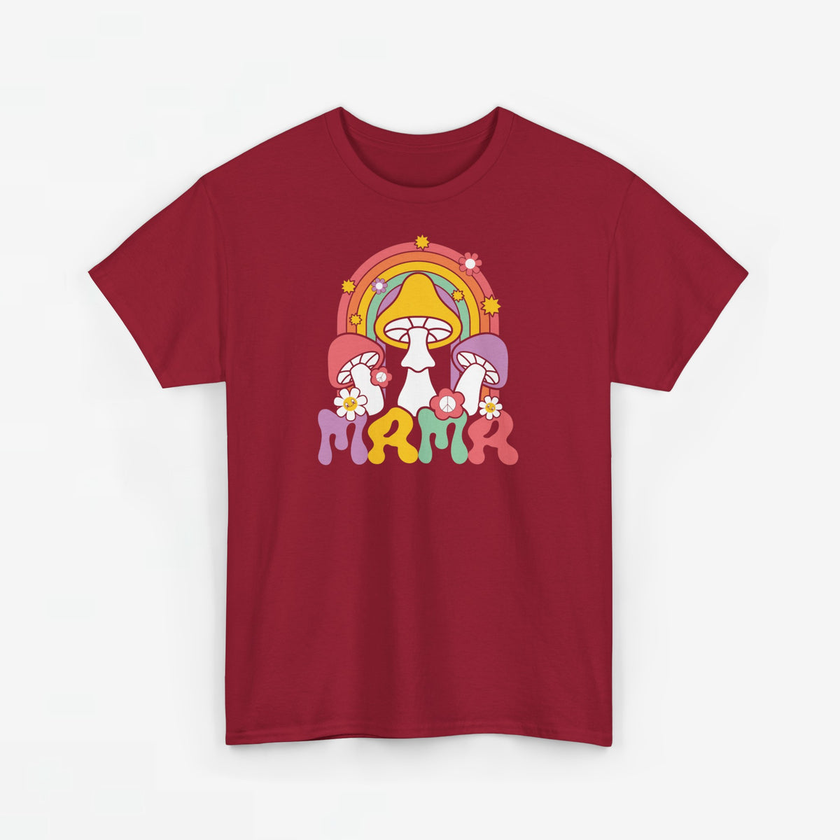 Oversized bordeaux T-shirt met regenboog-paddenstoelprint op de borst