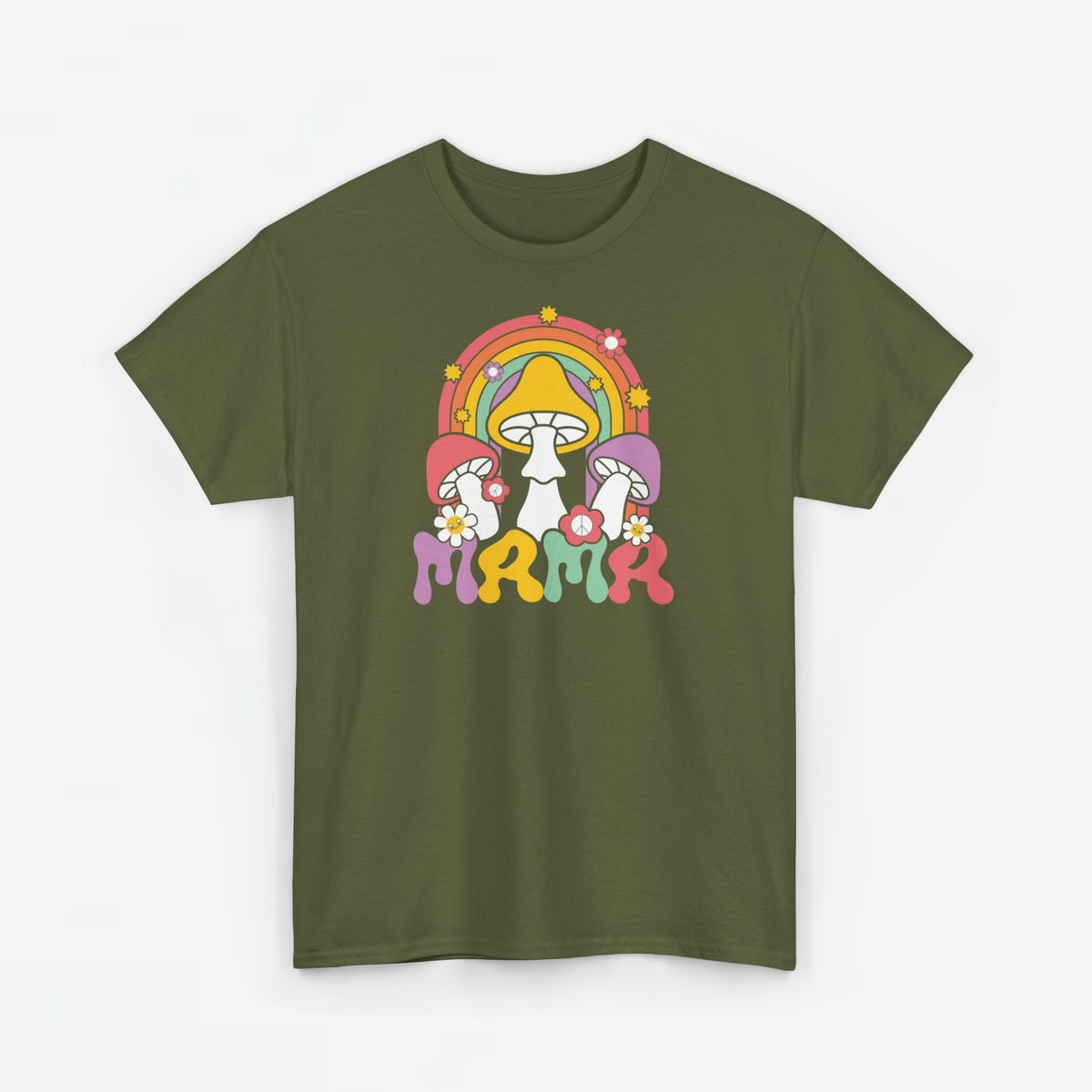 Oversized T-shirt olijfgroen met paddenstoelen- en regenboogprint