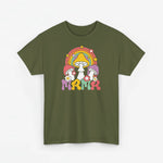 Oversized T-shirt olijfgroen met paddenstoelen- en regenboogprint