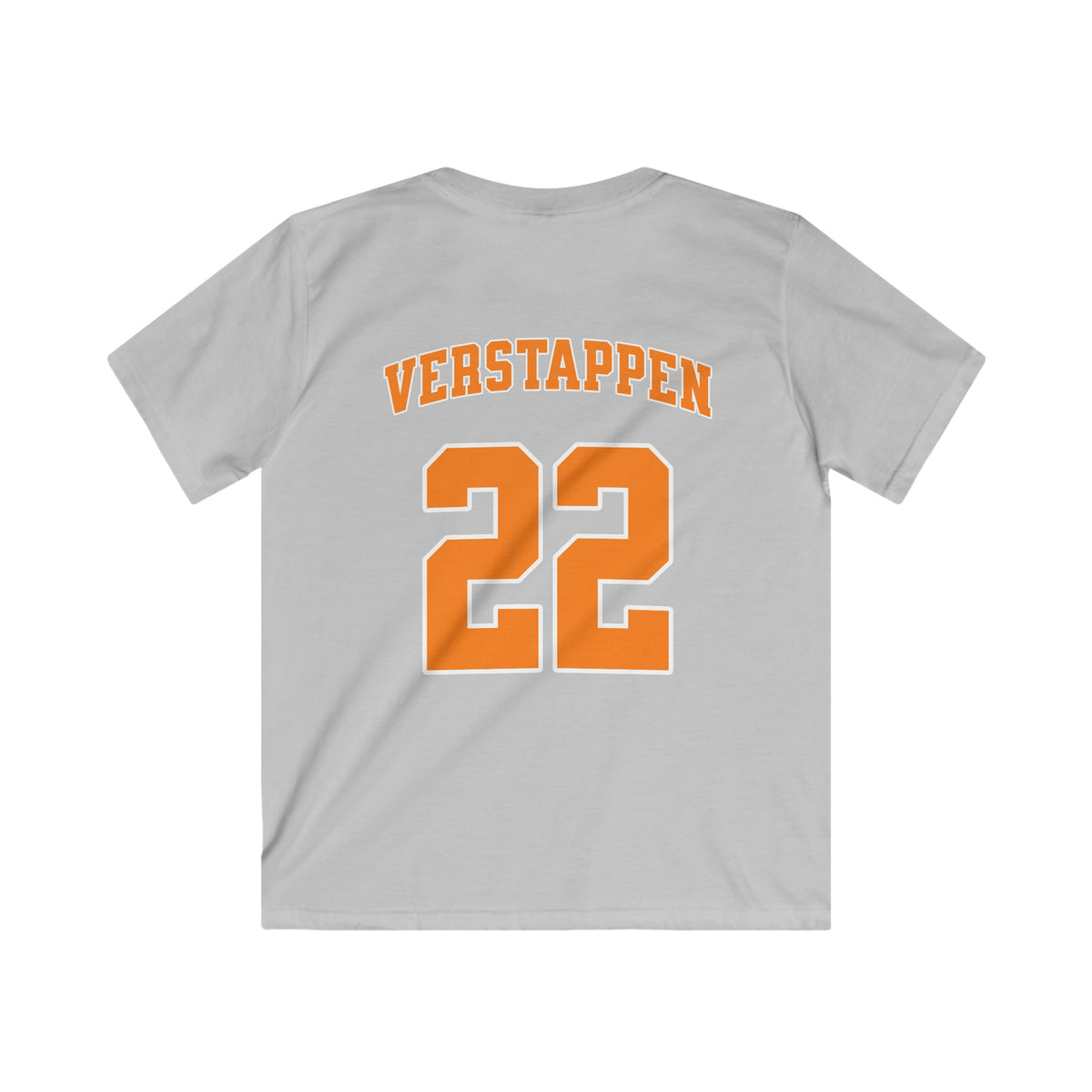 Kinder voetbalshirt lichtgrijs met VERSTAPPEN en rugnummer 22, achterop.