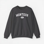 Donkergrijze sweater met ronde hals en borstprint “MONTEUR” met klein “NL” embleem
