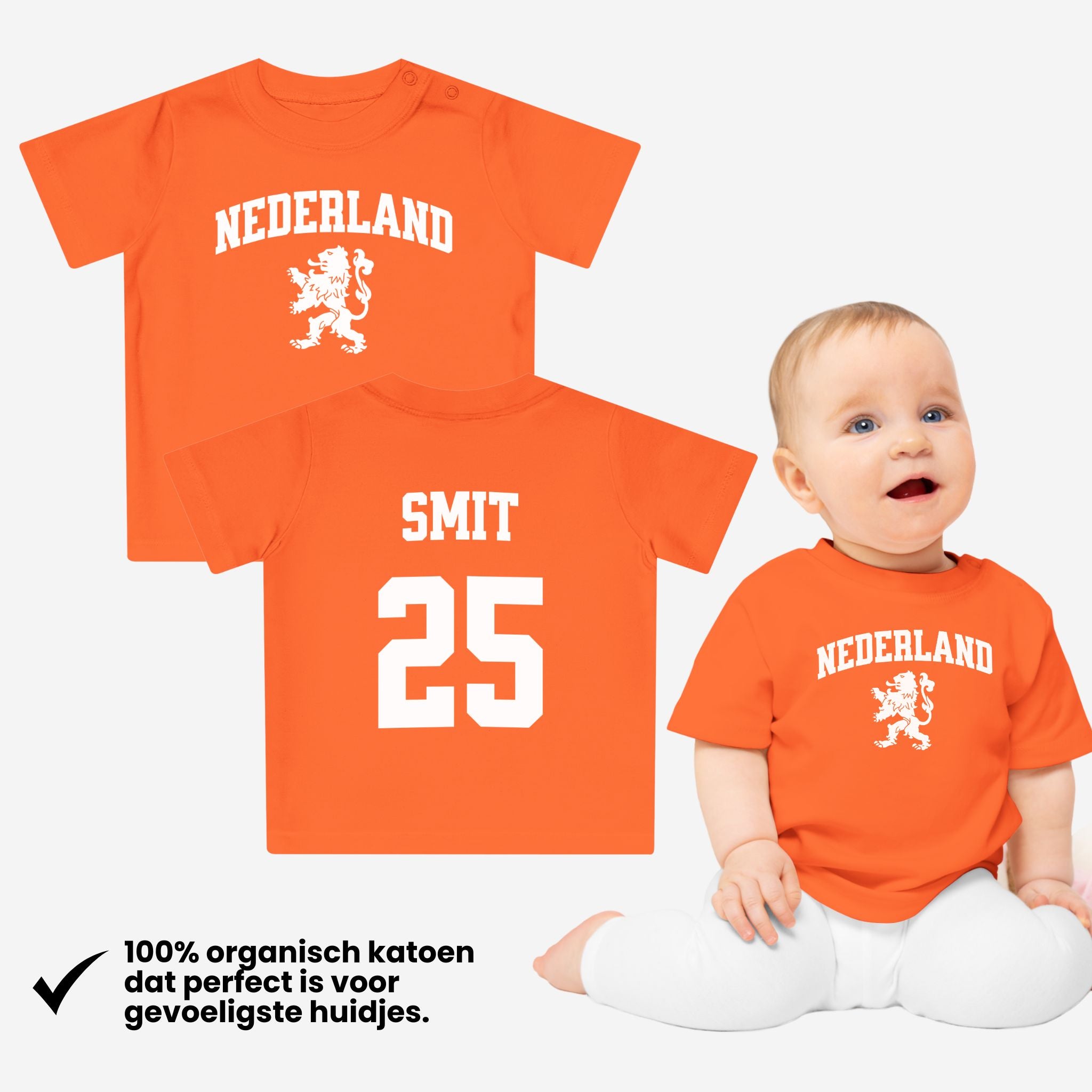 Baby Koningsdag T-shirt met Naam en rugnummer – Oranje Outfit