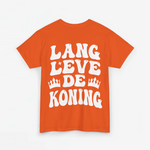 Oranje oversized t-shirt plat gelegd met grote witte tekstprint “LANG LEVE DE KONING”