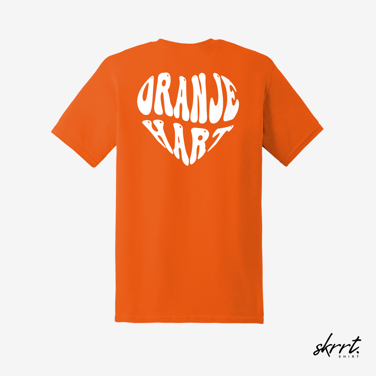 Oranje heren t-shirt met grote rugprint met tekst en hartmotief